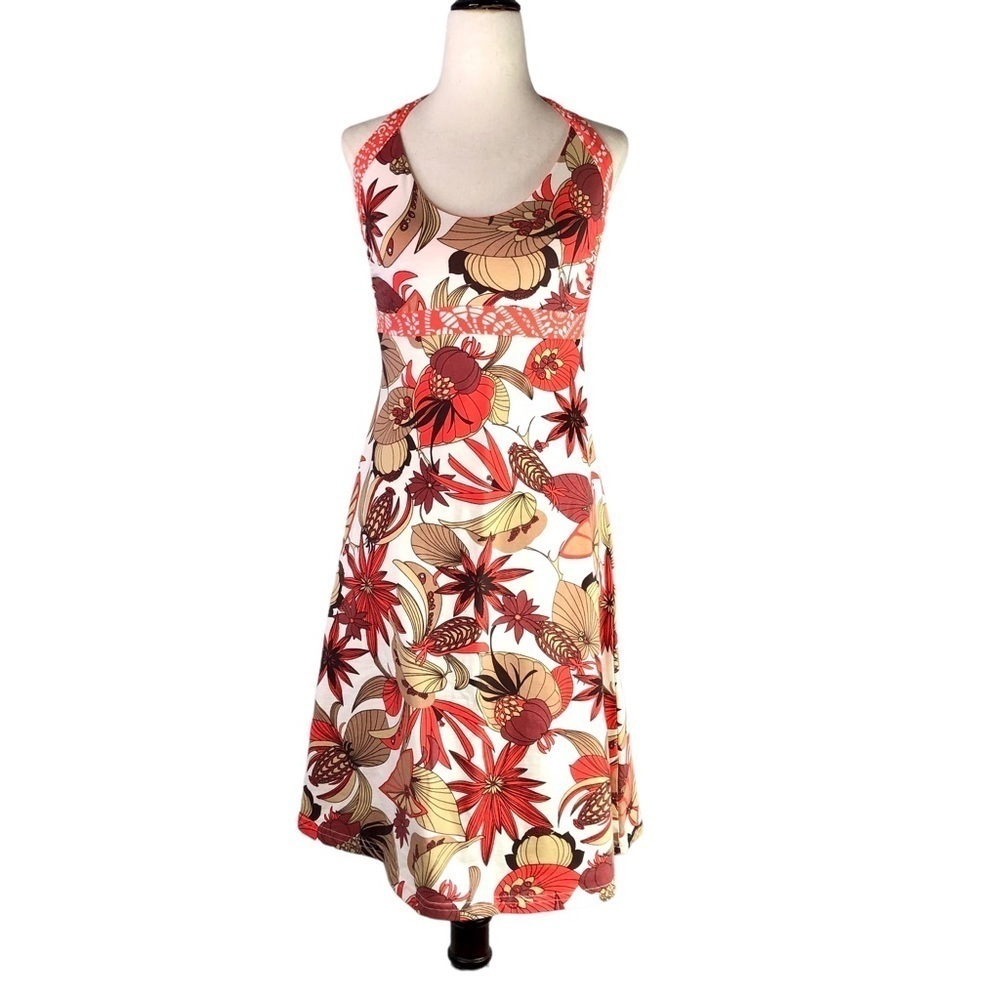Patagonia Iliana Halter dress shelf bra floral browns coral pink orange casual S